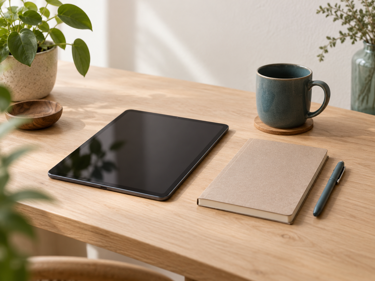 Illustratief beeld van een fictieve werkplek met een tablet en notitieboek.