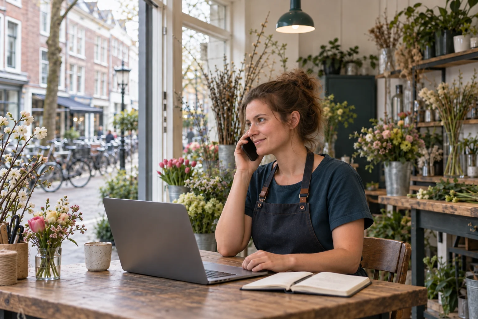De bloemist voert een telefoongesprek, met haar laptop en notitieboek op tafel.