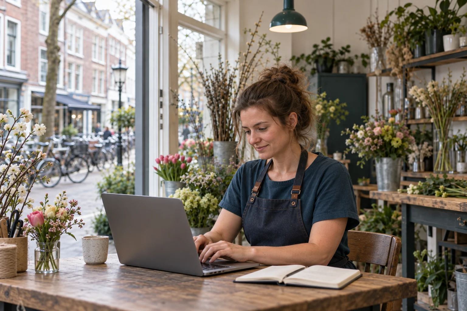 Dezelfde bloemist werkt op haar laptop aan een tafel in de winkel.