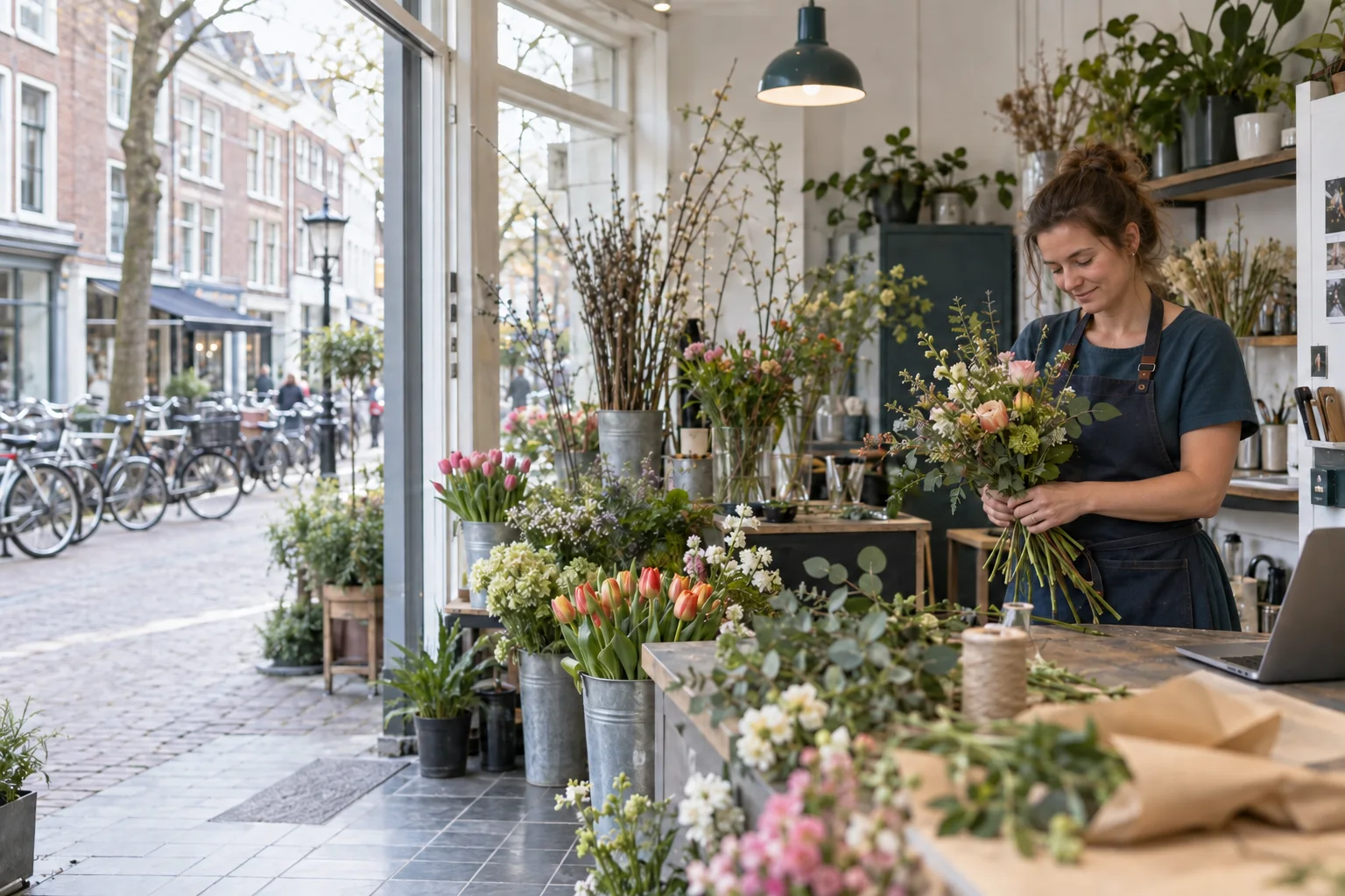 Een bloemist maakt een boeket achter de toonbank van haar winkel.