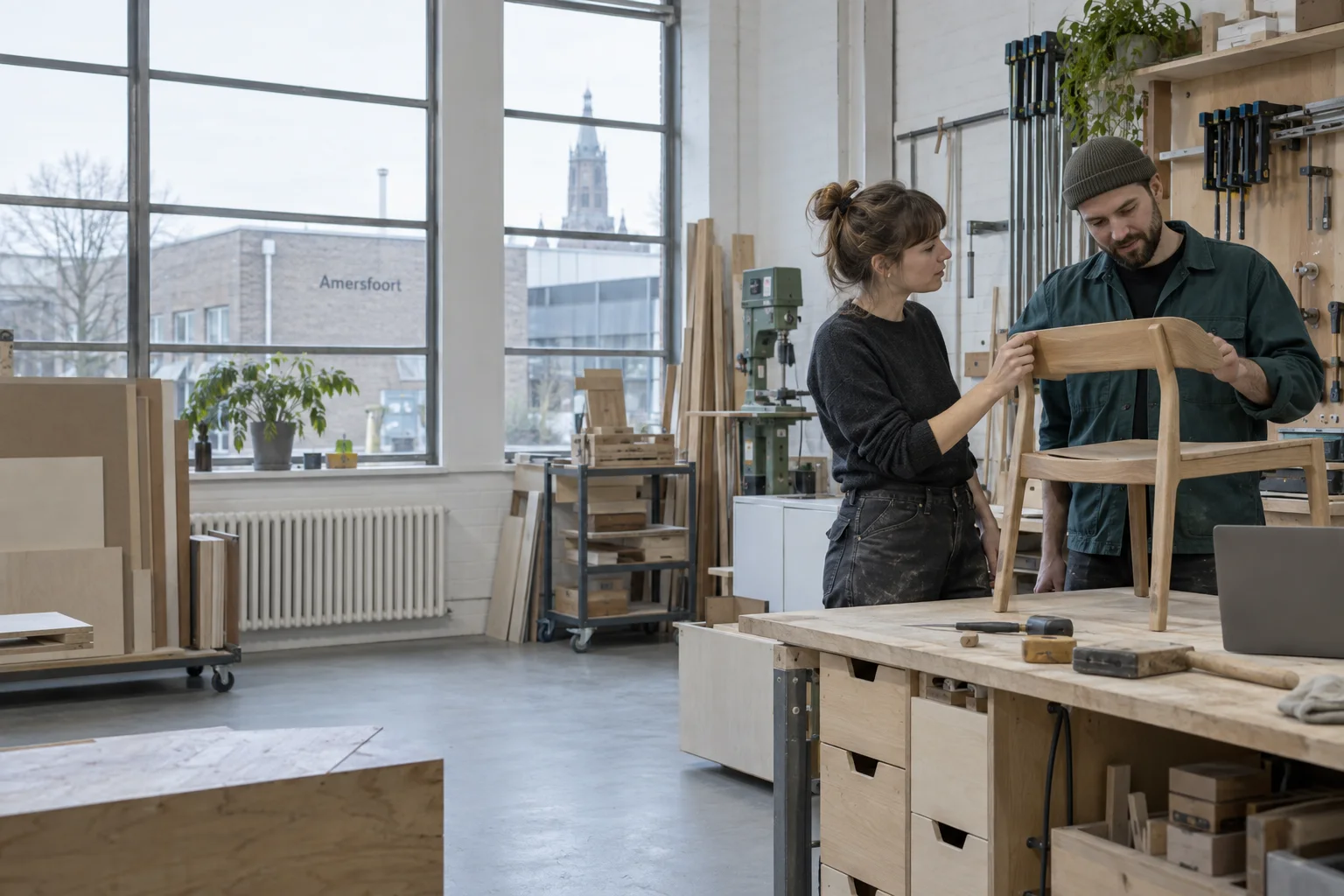 Twee meubelmakers bespreken hun werk in een lichte werkplaats.