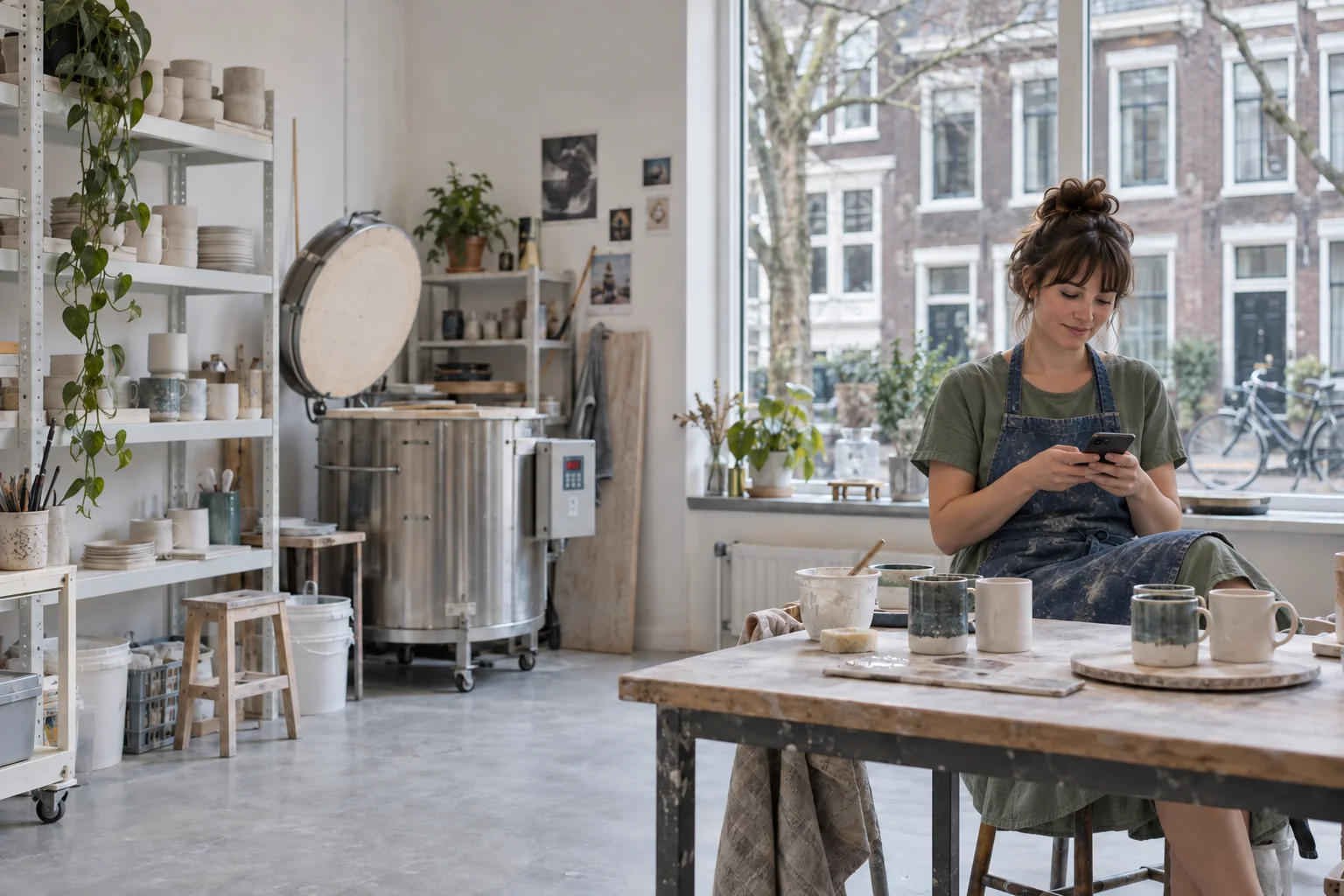 Een keramiste bekijkt haar telefoon in haar atelier.